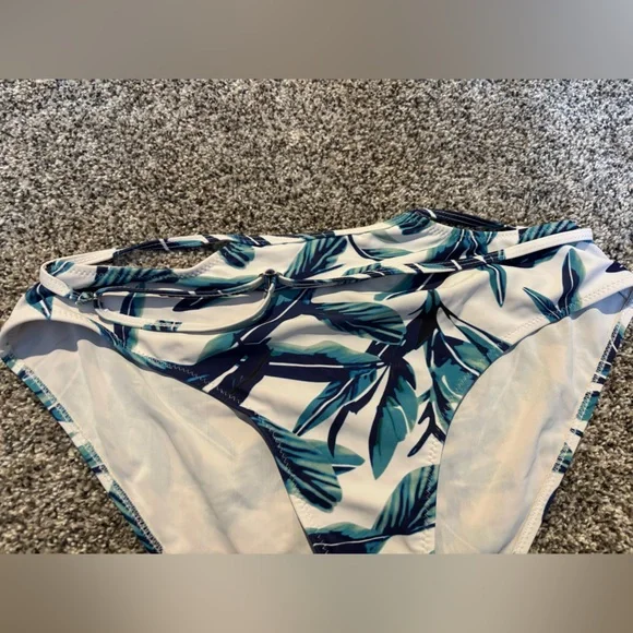 White swim bottoms with blue and green Leaf Print - Picture 4 of 5